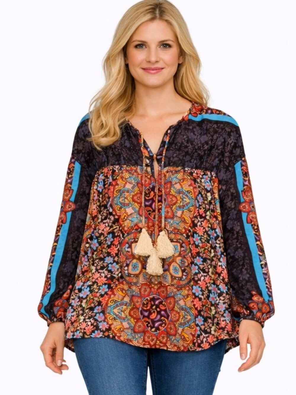 Johnny Was Margot Mandala Pure Silk Boho Blouse Multi-Color Size Small